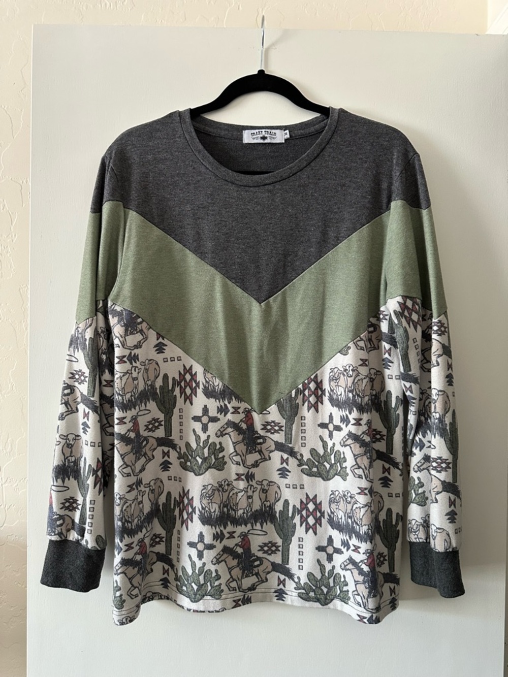 Crazy Train Olive & Charcoal Chevron Western Print Crewneck